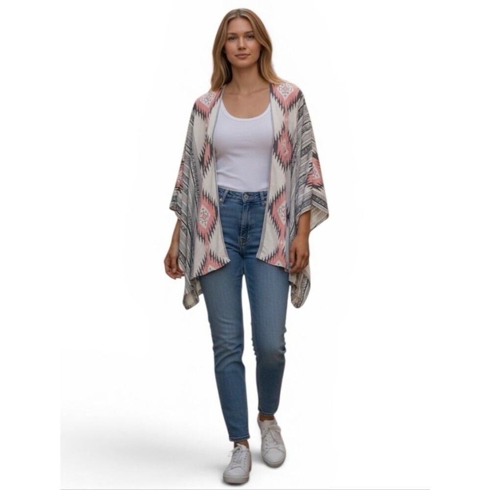 Open-Front Aztec Print Cardigan Sweater - Coral & Cream
